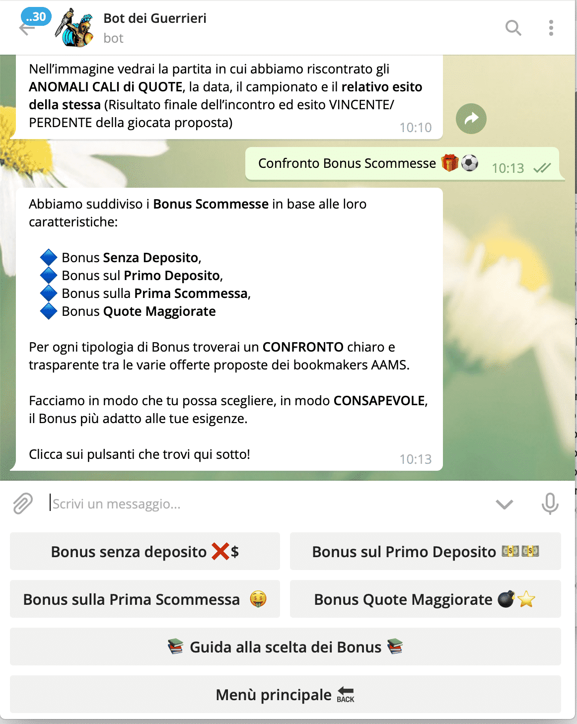 Schermata bot bonus scommesse