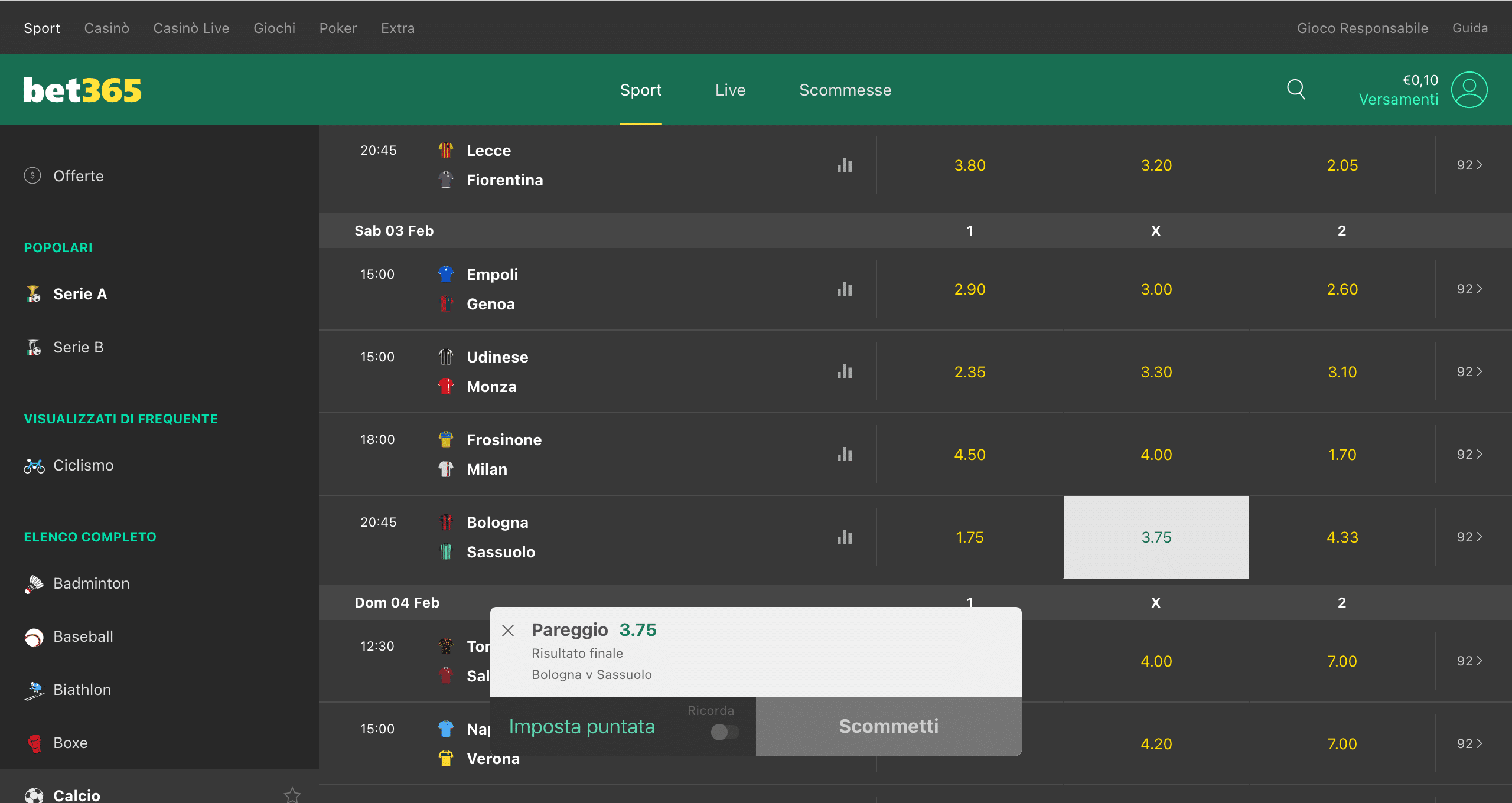 scommesse sul pareggio bet365