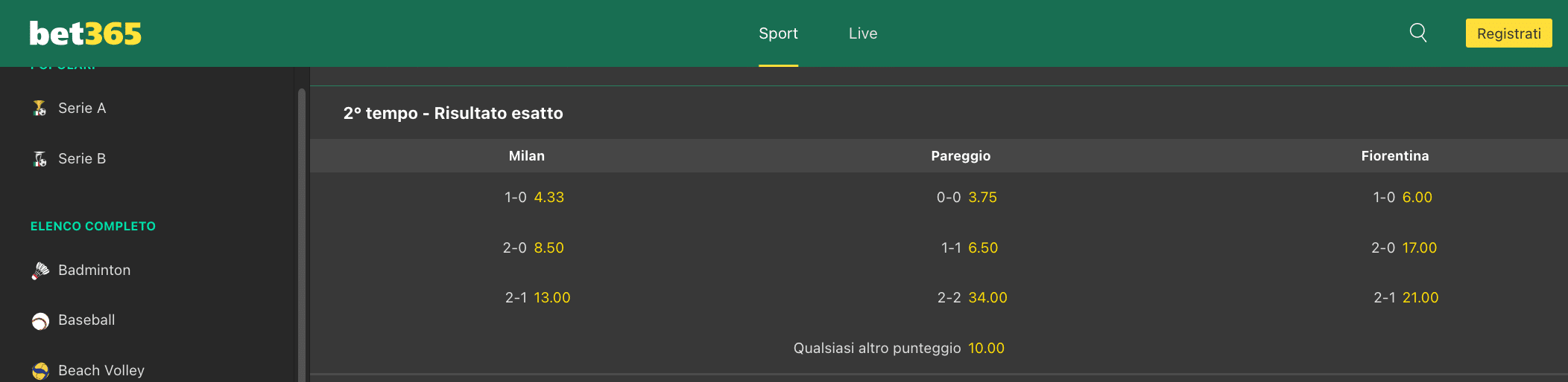 Pronostico risultato esatto