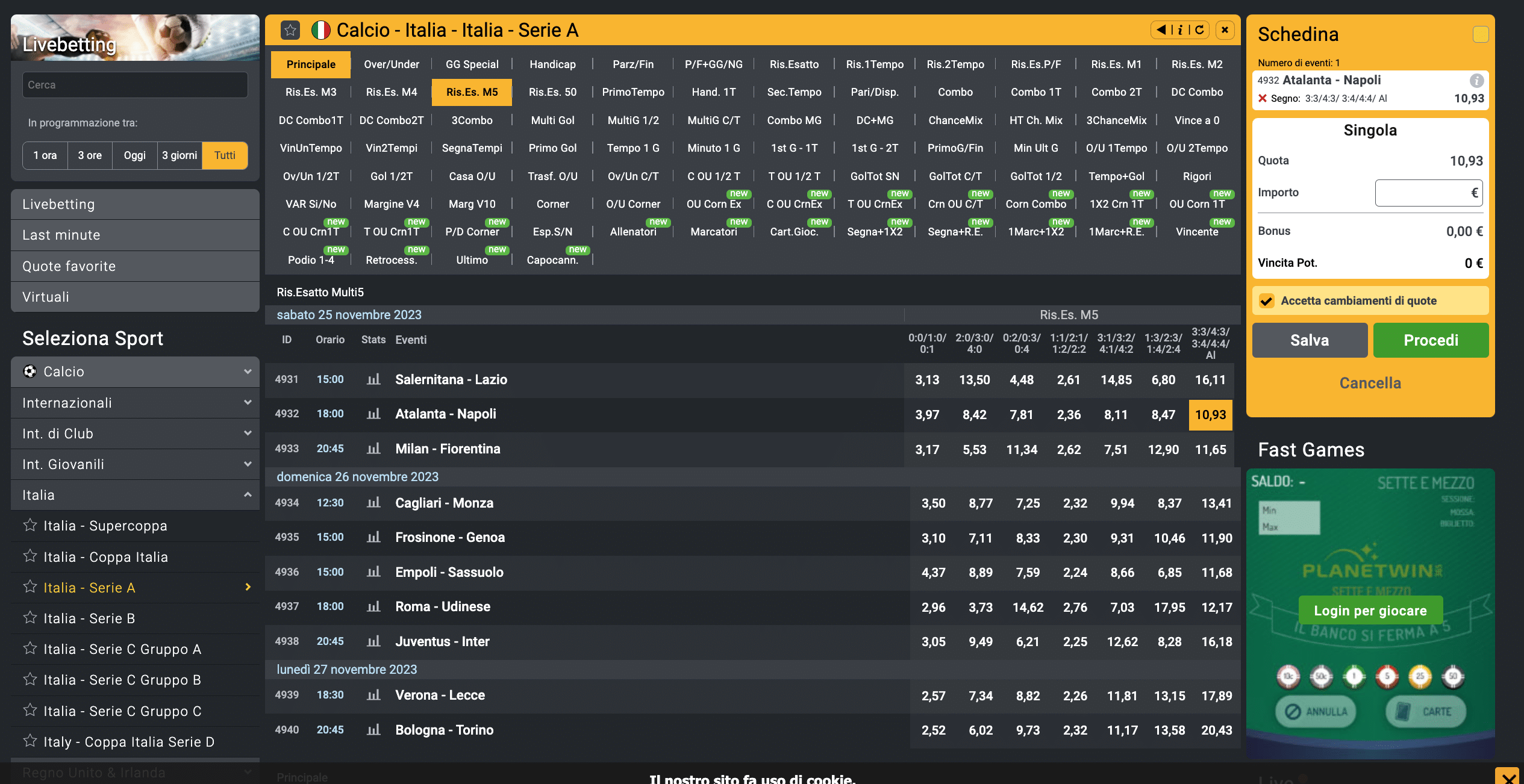 Risultati esatti da giocare