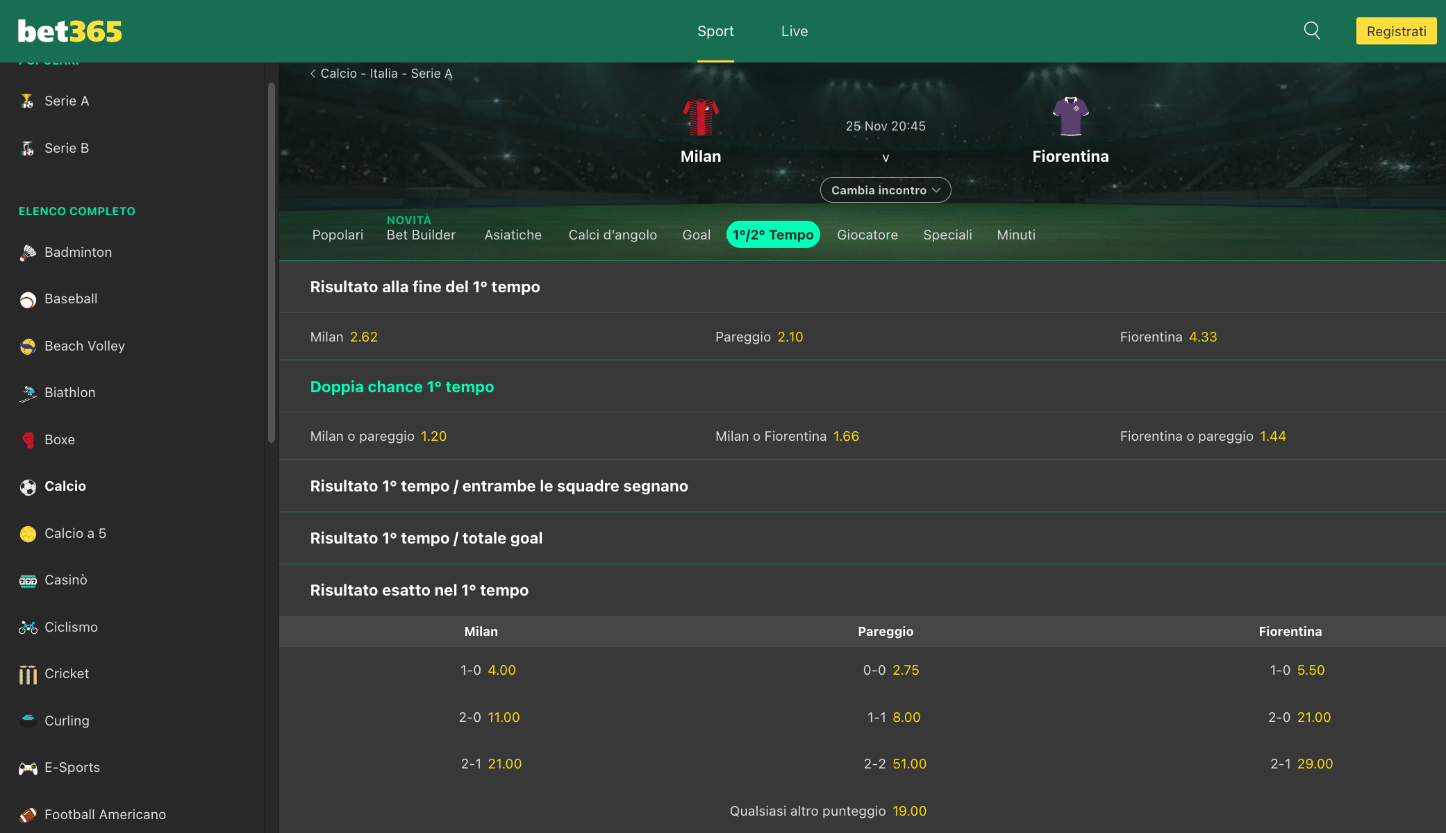 Risultato esatto: pronostico di esempio