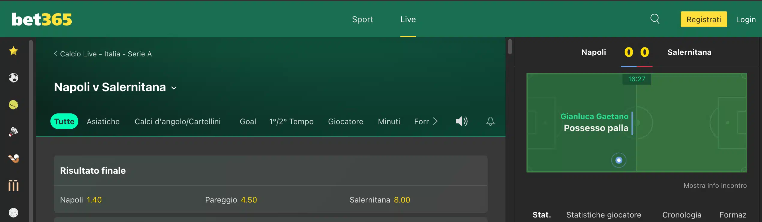Quote live incontro screenshot bet365 quote live napoli salernitana del 13 gennaio 2024 minuto 17