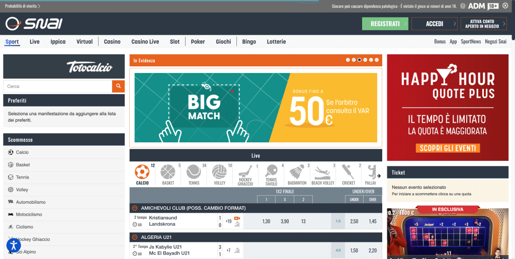 screenshot palinsesto sport snai da pc