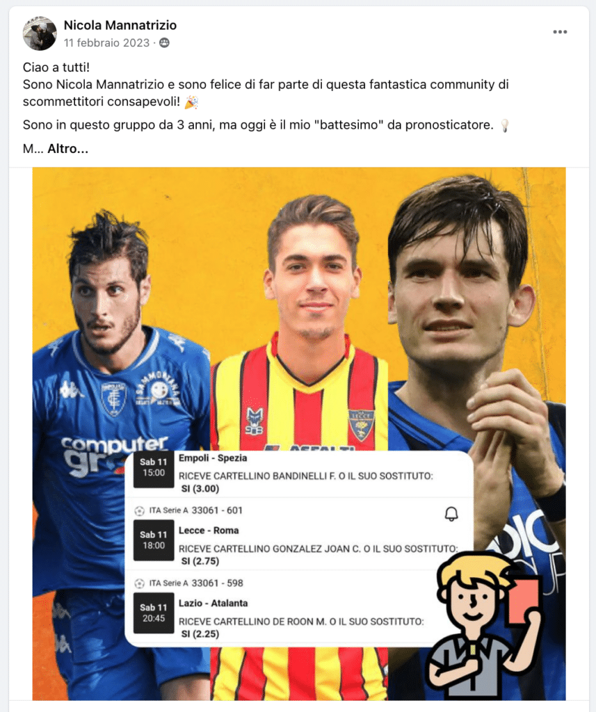 scommesse cartellini gruppo facebook nicola mannatrizio